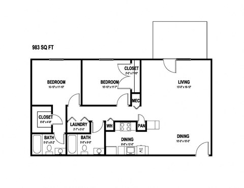 Floor plan for 2 beds, 2 baths, 983 sqft